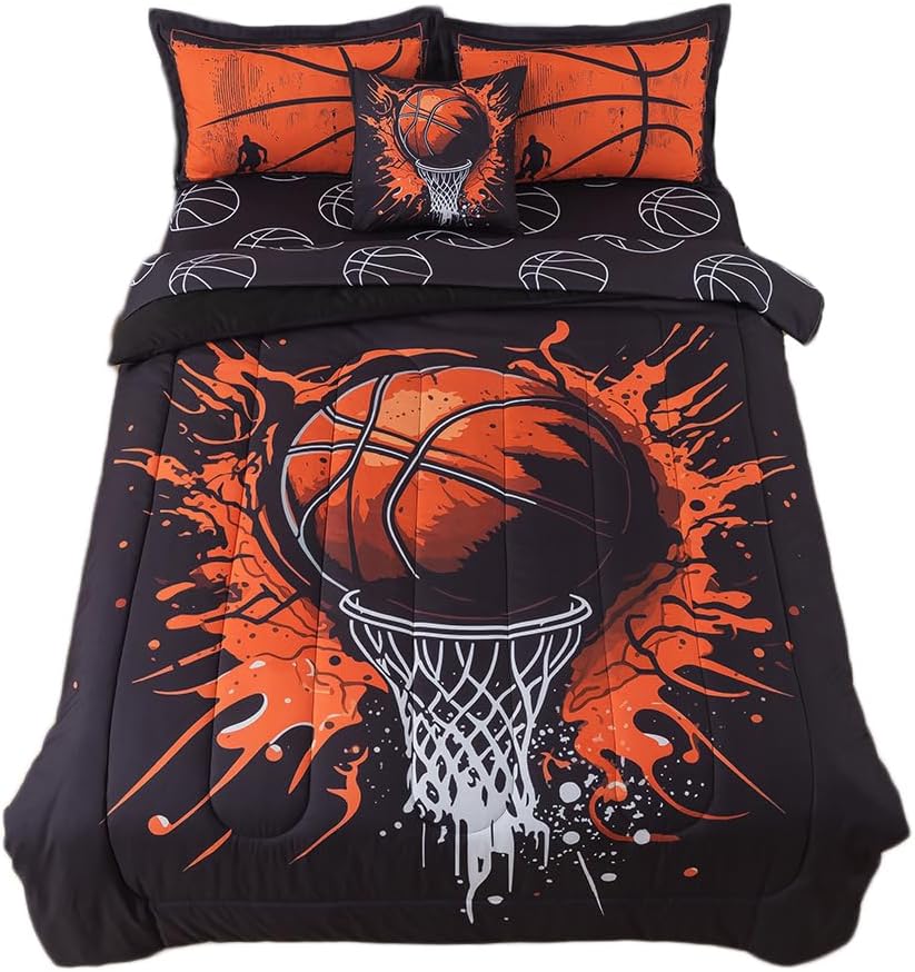 Basketball Comforter Set Twin Black Bedding for Kids and Teens