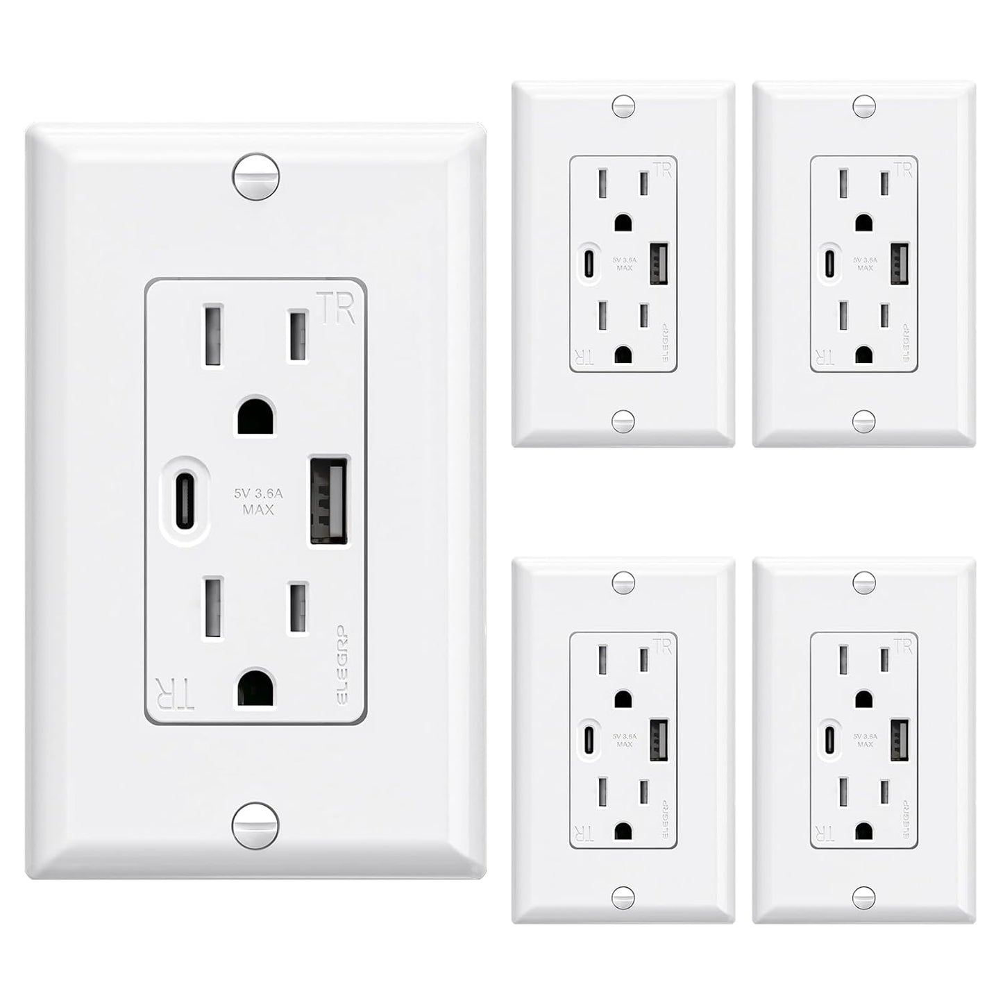ELEGRP USB Wall Outlets with High-Speed Charging Ports, 5 Pack