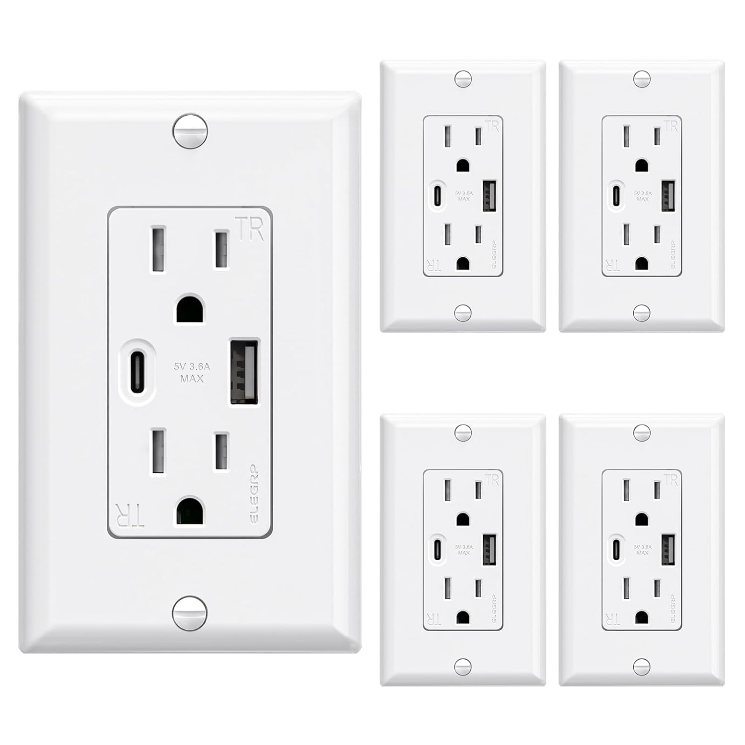 ELEGRP USB Wall Outlets with High-Speed Charging Ports, 5 Pack