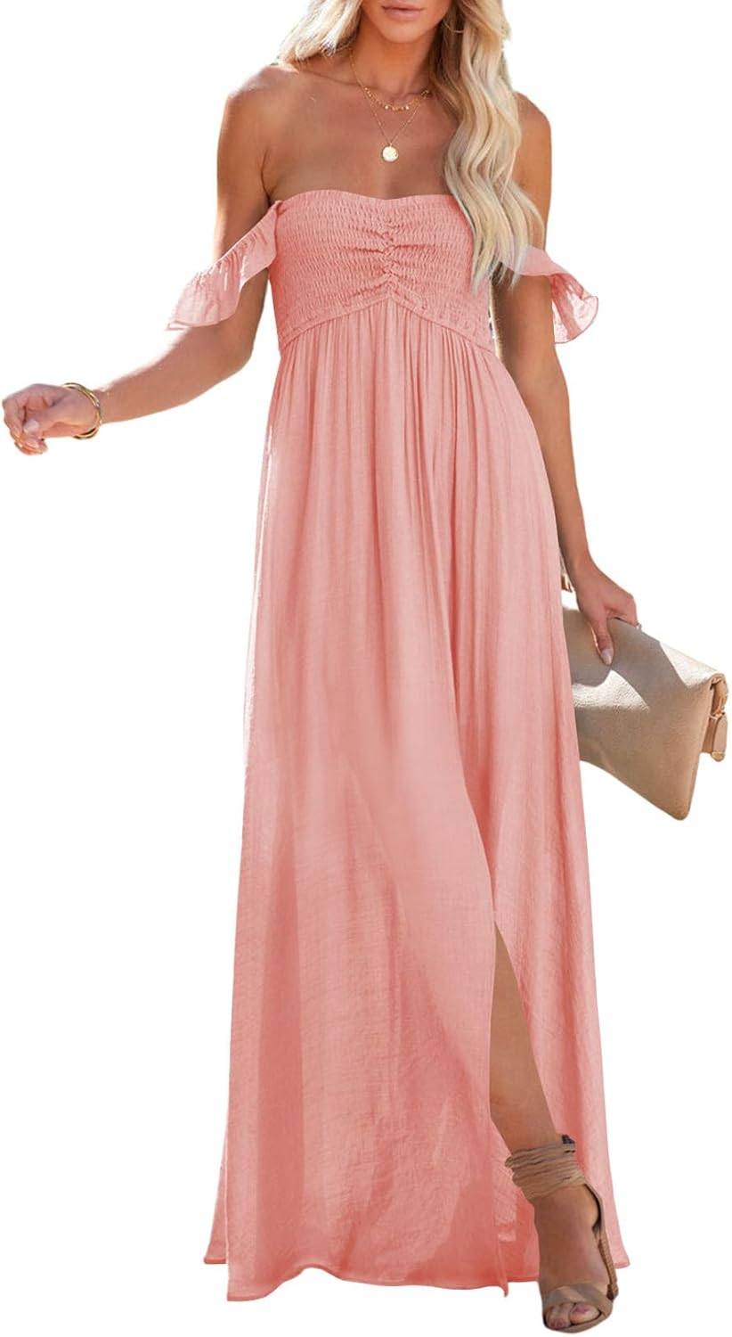 Happy Sailed Women's Summer Smocked Off Shoulder Maxi Dress