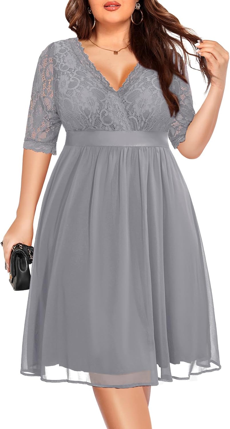 Plus Size Lace Chiffon Wrap V Neck Dresses for Women Events