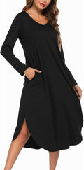 Ekouaer Womens Nightgown V Neck Long Sleeve Sleepwear with Pockets