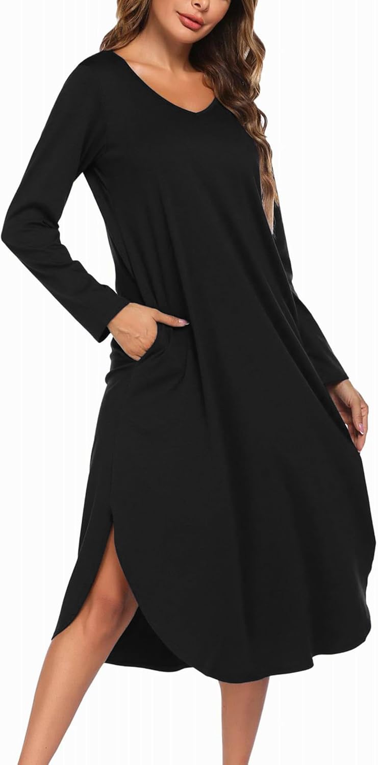 Ekouaer Womens Nightgown V Neck Long Sleeve Sleepwear with Pockets
