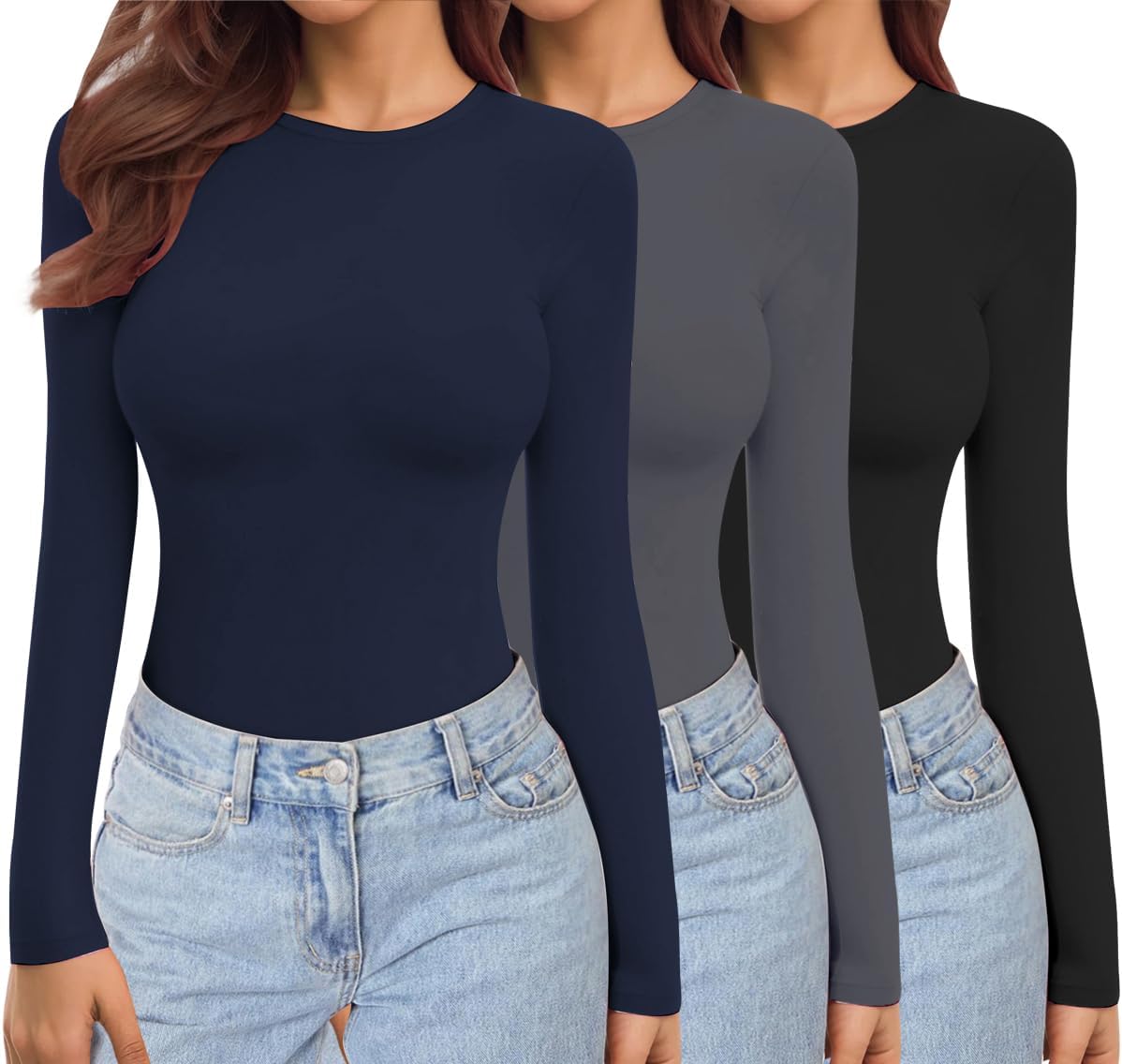 Ekouaer Womens Long Sleeve Shirts 3 Pack Trendy Basic Tops