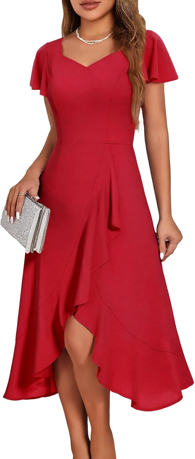 Elegant V Neck Formal Wedding Guest Dress with Ruffle Sleeves