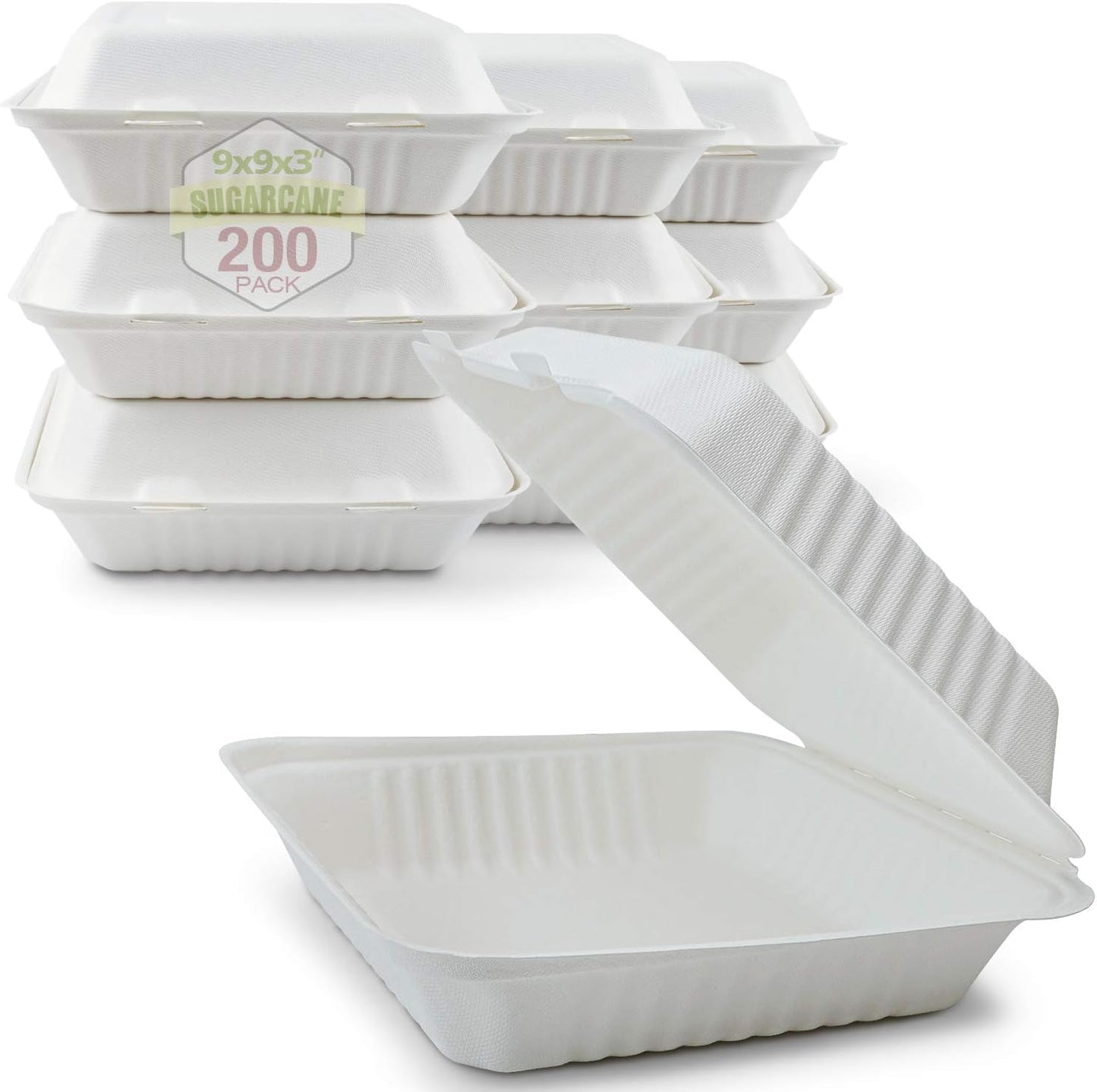 Compostable Clamshell Food Boxes - 9-Inch, 200-Count Pack