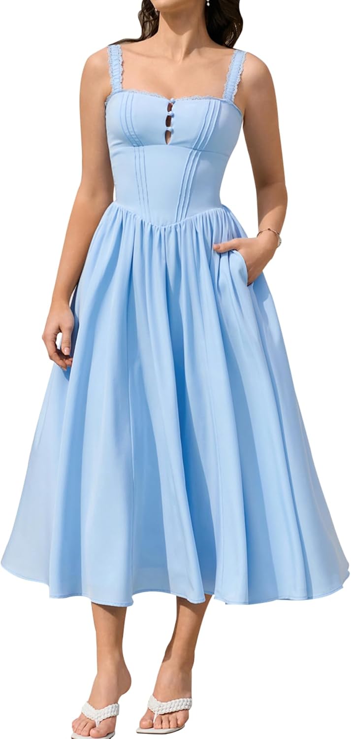KUTUMAI Women Summer Lace Square Neck Midi Dress with Pockets