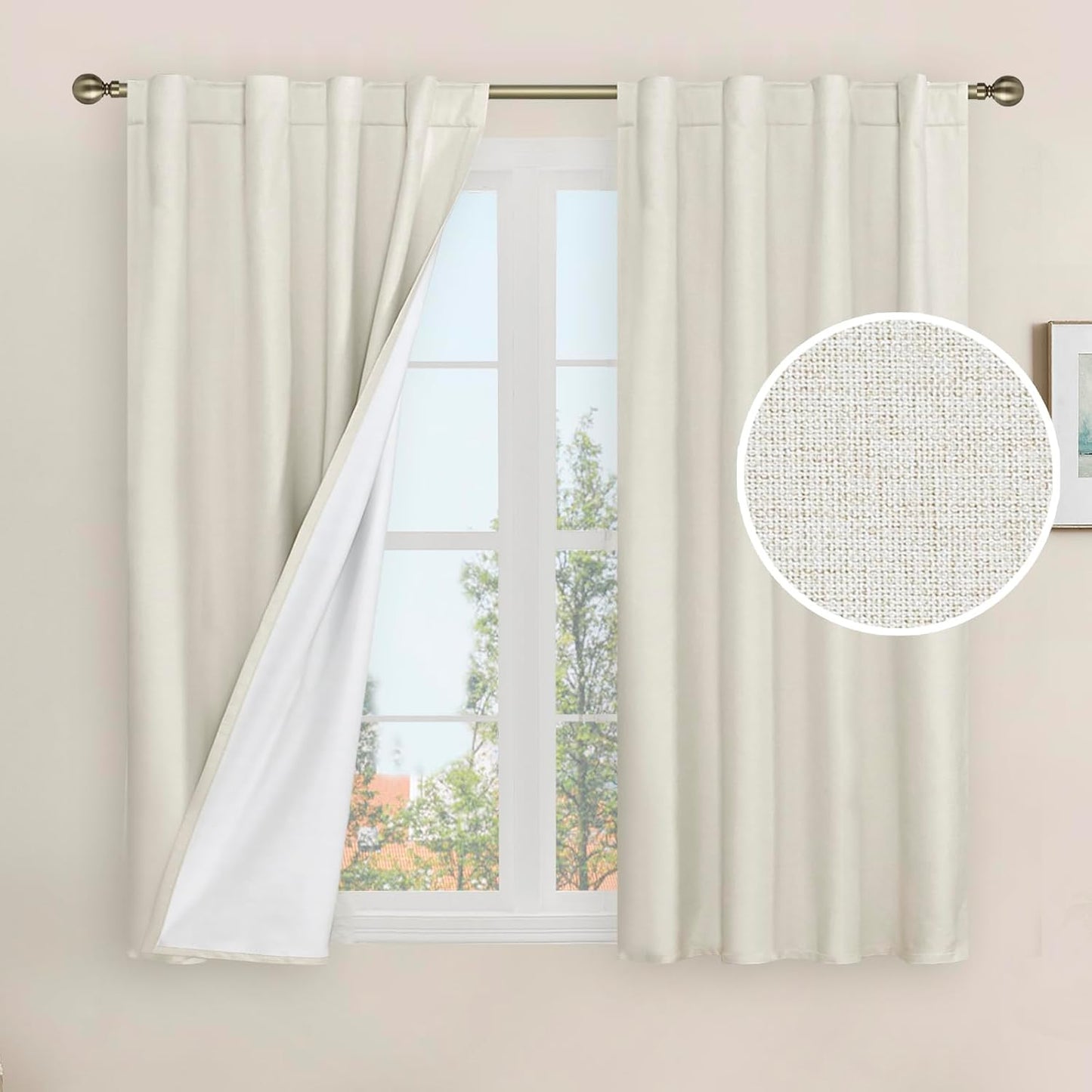 LAMIT Ivory 100% Blackout Linen Curtains for Elegant Living Rooms