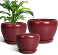Ceramic Pots for Plants Set of 3 - Red Planters with Saucers