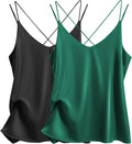 Ekouaer Womens Silk Satin Camisole 2-Pack - V Neck Cross Back