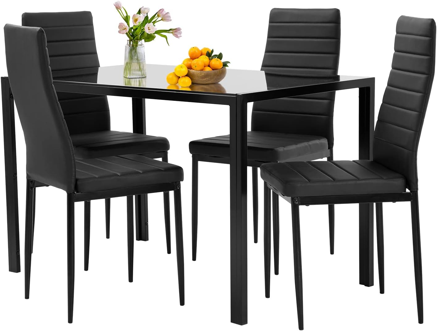 5-Piece Dining Table Set with Glass Top and Upholstered Chairs