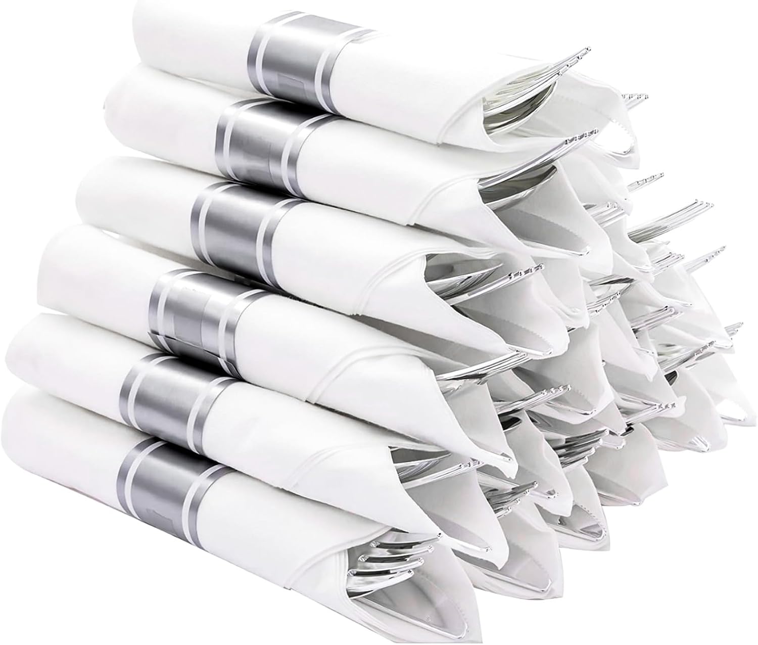 N9R 50 Pack Pre Rolled Silver Plastic Cutlery Set for Events