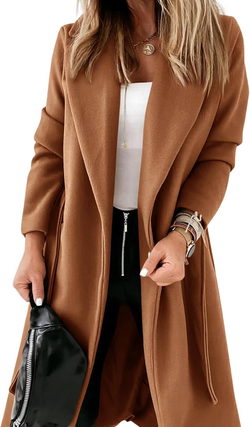 Womens Classic Coat Lapel Collar Open Front Belted Long Jacket