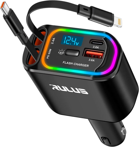 65W Fast Car Charger with 4-in-1 Retractable Cables