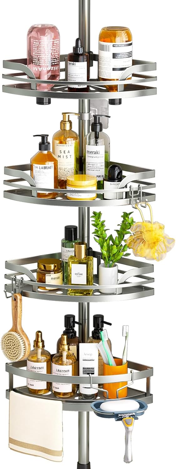HAMITOR Shower Caddy Tension Pole: Adjustable 4-Tier Organizer