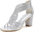 Women's Rhinestone Chunky Block Heel Sandals with Back Zipper - Dressy