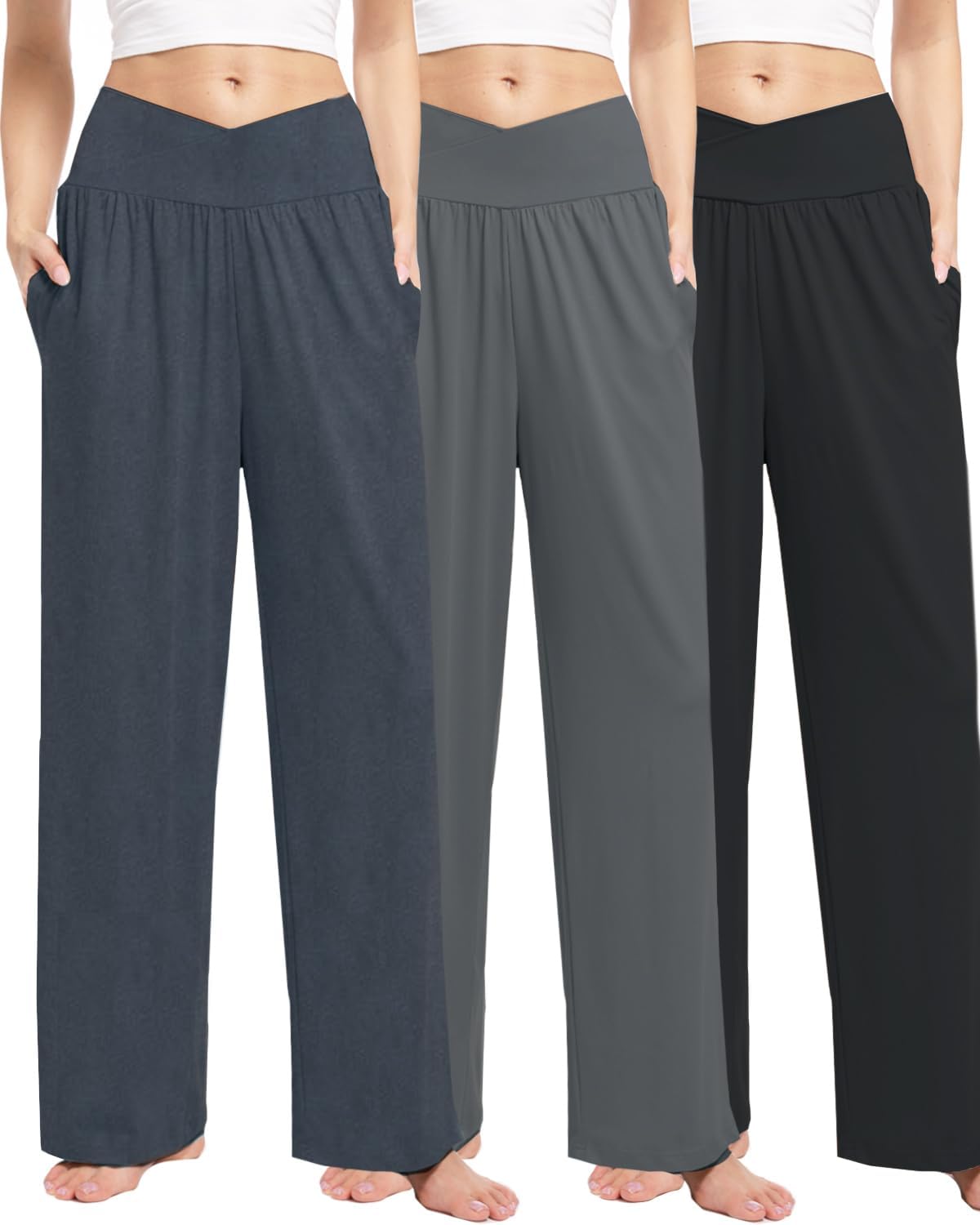 3 Pack Womens Wide Leg Yoga Pants Crossover High Waisted Casual