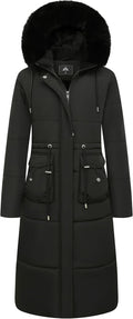 Women's Long Winter Puffer Coat with Removable Faux Fur Hood - Maxi