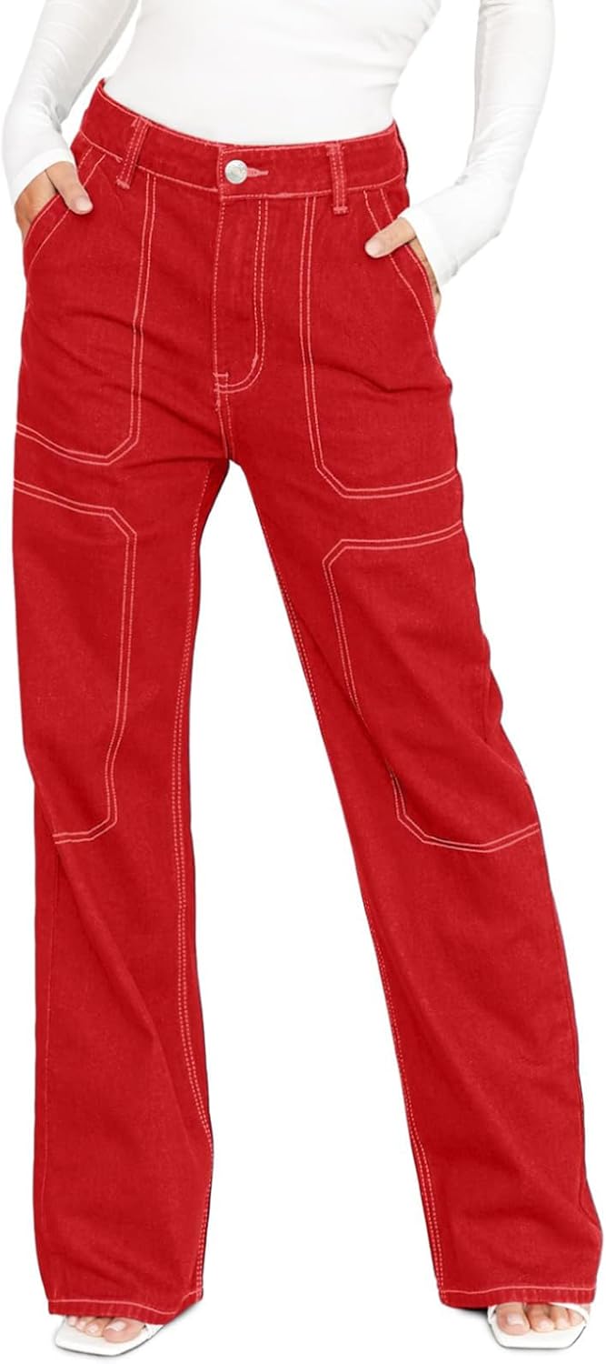 Dokotoo Women's Casual Mid Waist Cargo Jeans for All Seasons