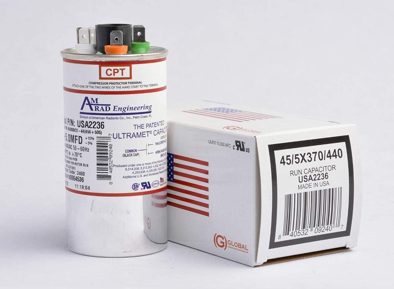 45 + 5 uf Round Dual Universal Capacitor for 370 or 440 VAC