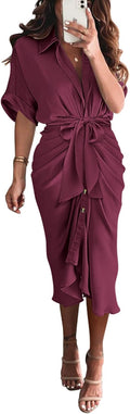 Women Button Down Ruched Satin Maxi Dress - Flattering Summer Fit