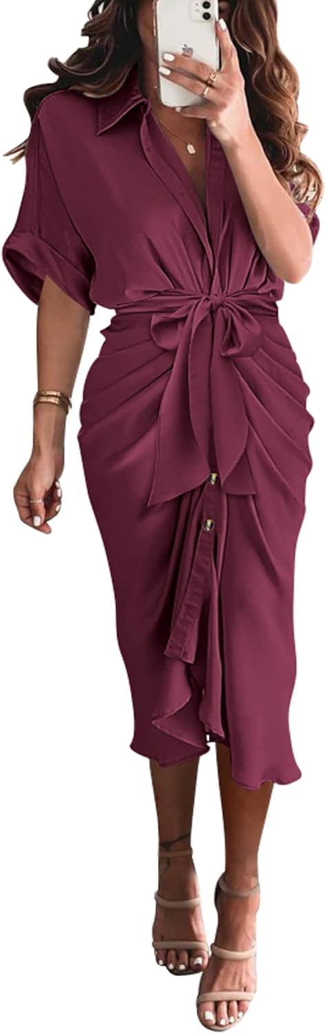 BTFBM Women Button Down Ruched Satin Maxi Dress for Summer