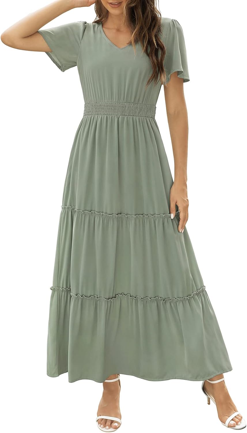 Zattcas Womens Long Summer Dress with Flutter Sleeves and V Neck