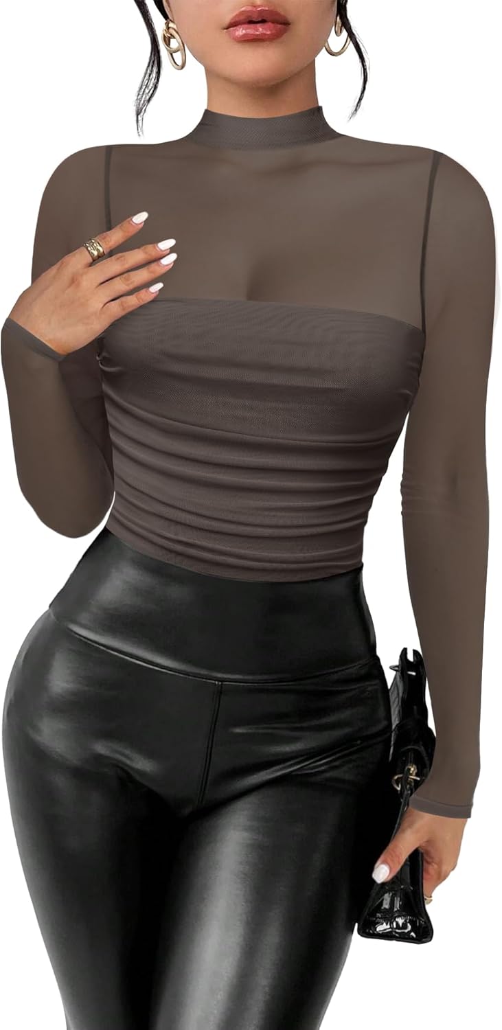 Women's Sexy Bodysuit: Mock Turtle Neck Long Sleeve Thong Top