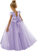 Girls Lace Cap Sleeve V Back Dress for Wedding - Puffy Tulle Bow