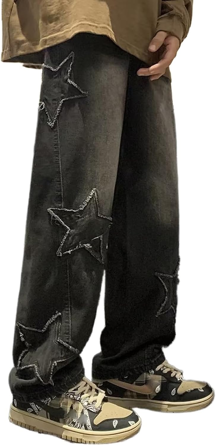 Mens Y2k Star Jeans High Waisted Hip Hop Streetwear Denim Pants