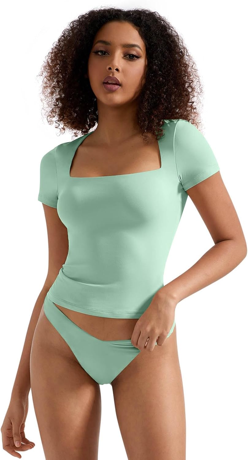 SUUKSESS Women Double Lined Fitted Basic Tee Square Neck Top