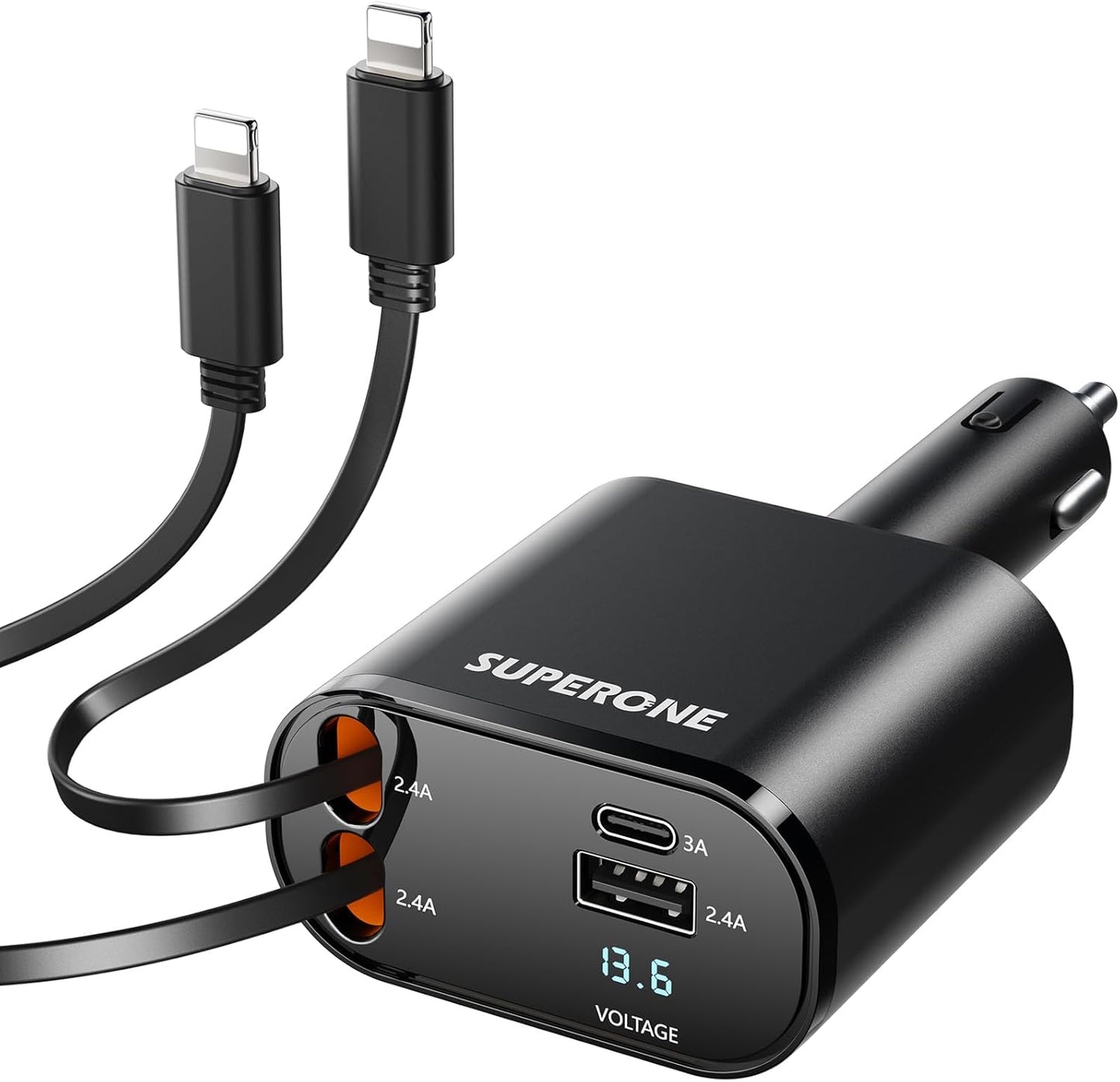 4-in-1 Car Charger with Retractable Apple Cords