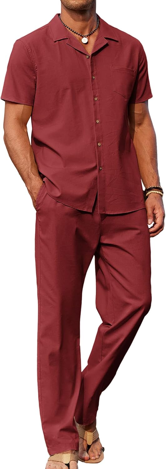 COOFANDY Men 2 Piece Linen Outfit for Beach and Casual Wear