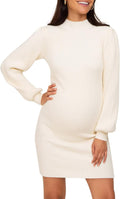 Maternity Sweater Dress Turtleneck Puff Sleeve Bodycon (Style R2FD)