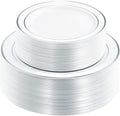 Plastic Christmas Plates White Silver Rim 120PCS Combo Pack - Durable