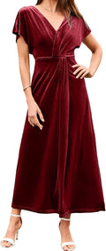 Simplee Velvet Maxi Dress Short Sleeve V Neck - Elegant Fall Guest