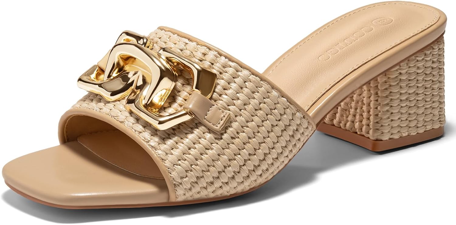 Coutgo Womens Raffia Slide Sandals with Chunky Block Heels