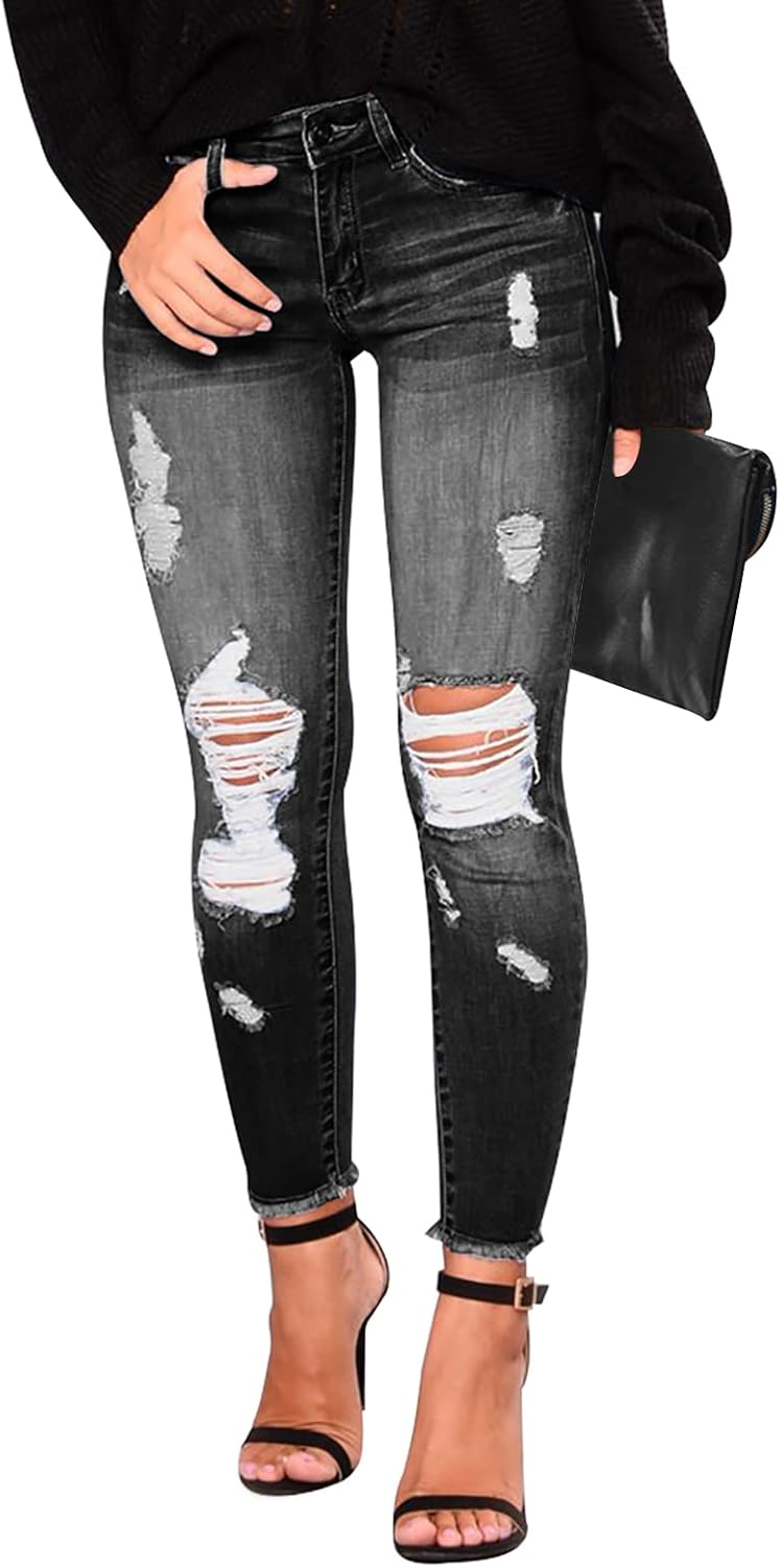 KUNMI Women's Ripped Skinny Slim Fit Jeans for Stylish Comfort