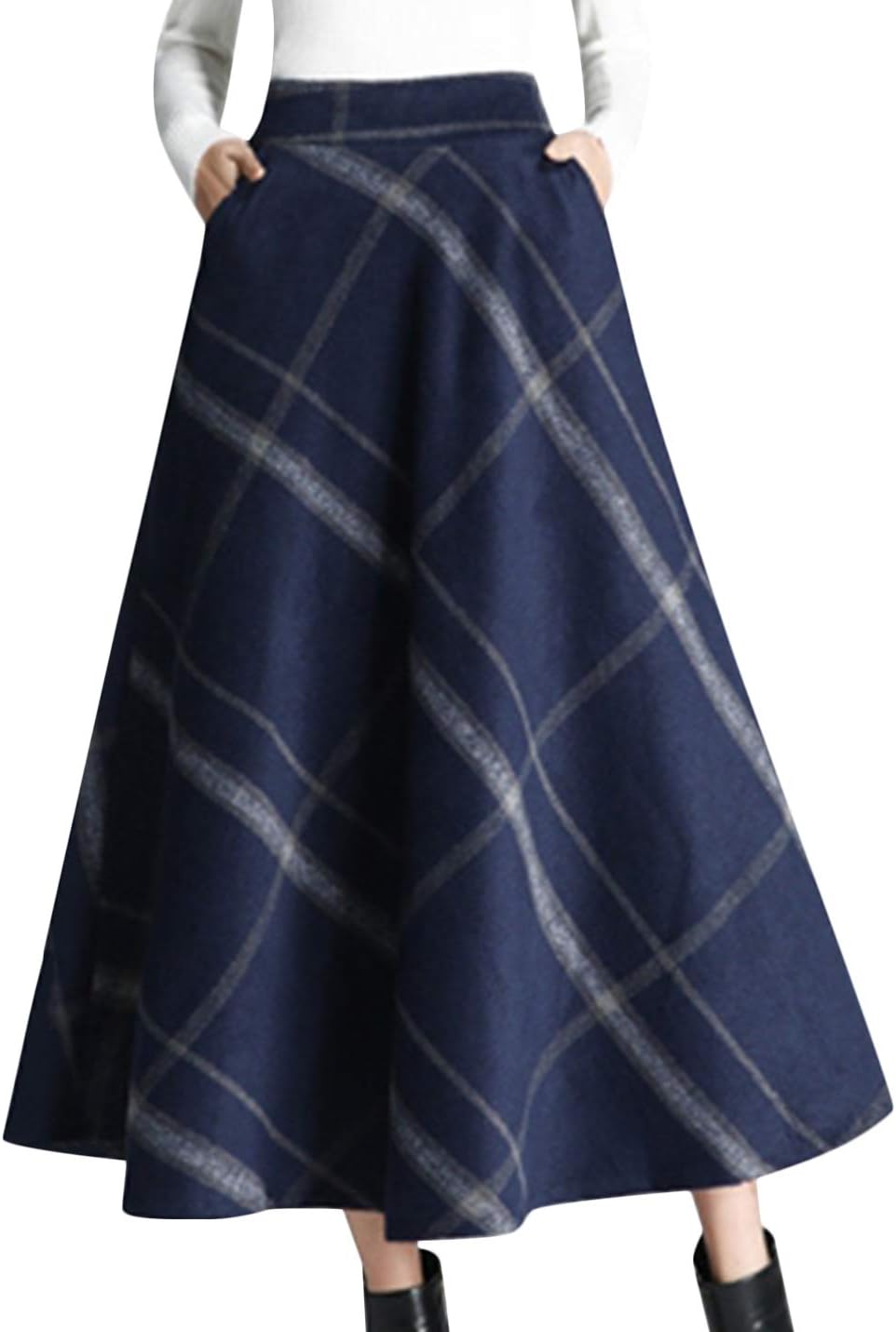 Tanming Women's Winter Warm Wool Plaid A-Line Skirt