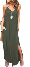 Women's Summer Casual Sleeveless V Neck Strappy Maxi Dress - Pocket