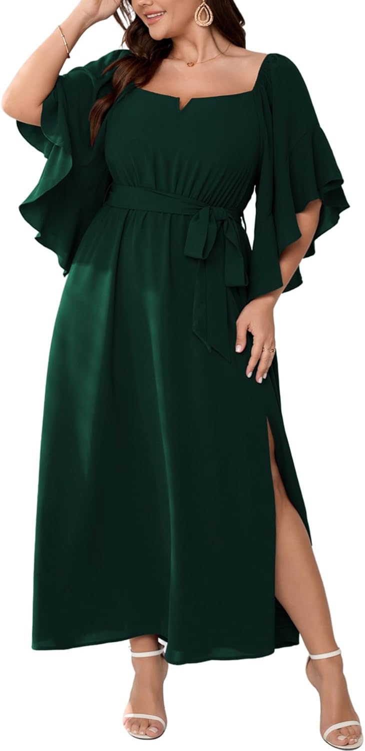 Plus Size Wedding Guest Maxi Dress with Ruffle Sleeves and Slit
