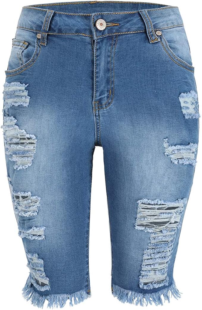 THUNDER STAR Womens Denim Ripped Bermuda Shorts for Summer Fun