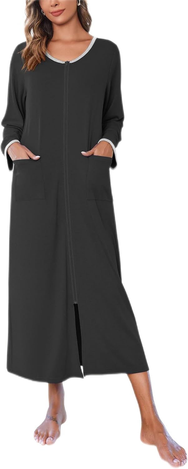 Ekouaer Women Long House Coat Zipper Front Robes with Pockets