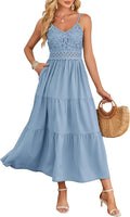 Beach Crochet Lace Maxi Dress Solid Color Spaghetti Strap - Flowy This