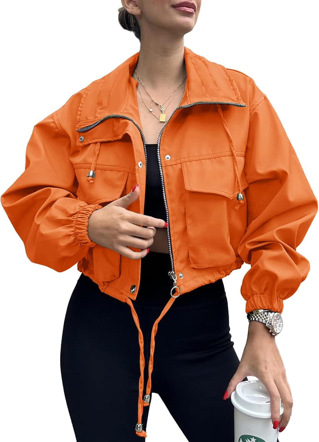 Tankaneo Womens Cropped Jacket Zip Up Lightweight Utility Coat