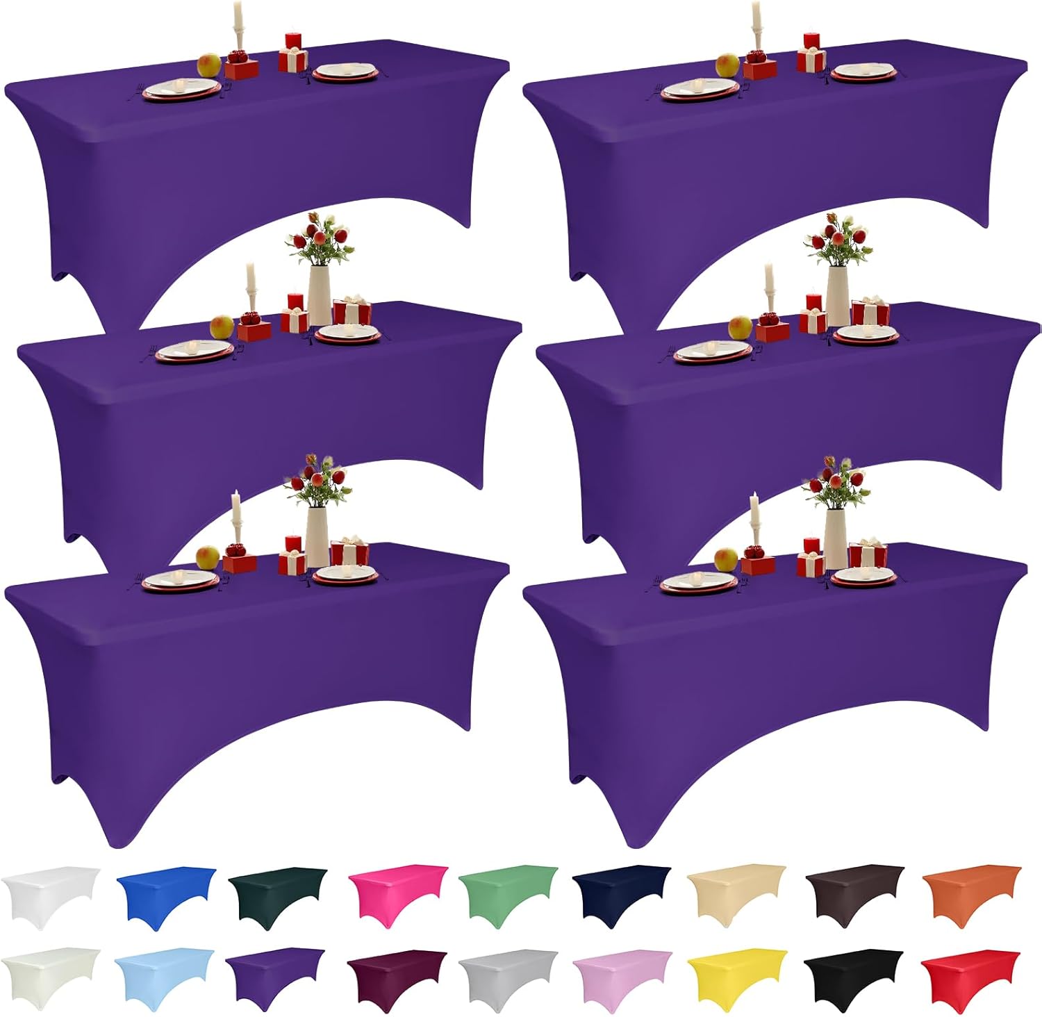 6 Pack 6 Feet Purple Spandex Tablecloth for Events and Parties