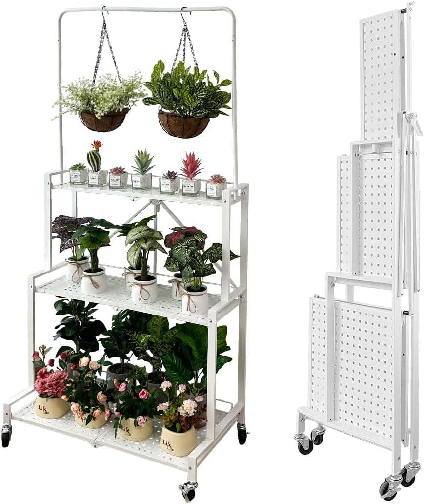 Foldable 4-Tier Plant Stand with Wheels for Indoor Outdoor Use