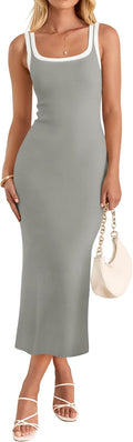 Women's Summer Bodycon Midi Dress Sleeveless Square Neck - Slim Fit