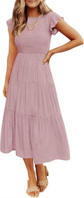 Women's Smocked Tiered Midi Dress - Flowy Flutter Sleeve Summer Dress