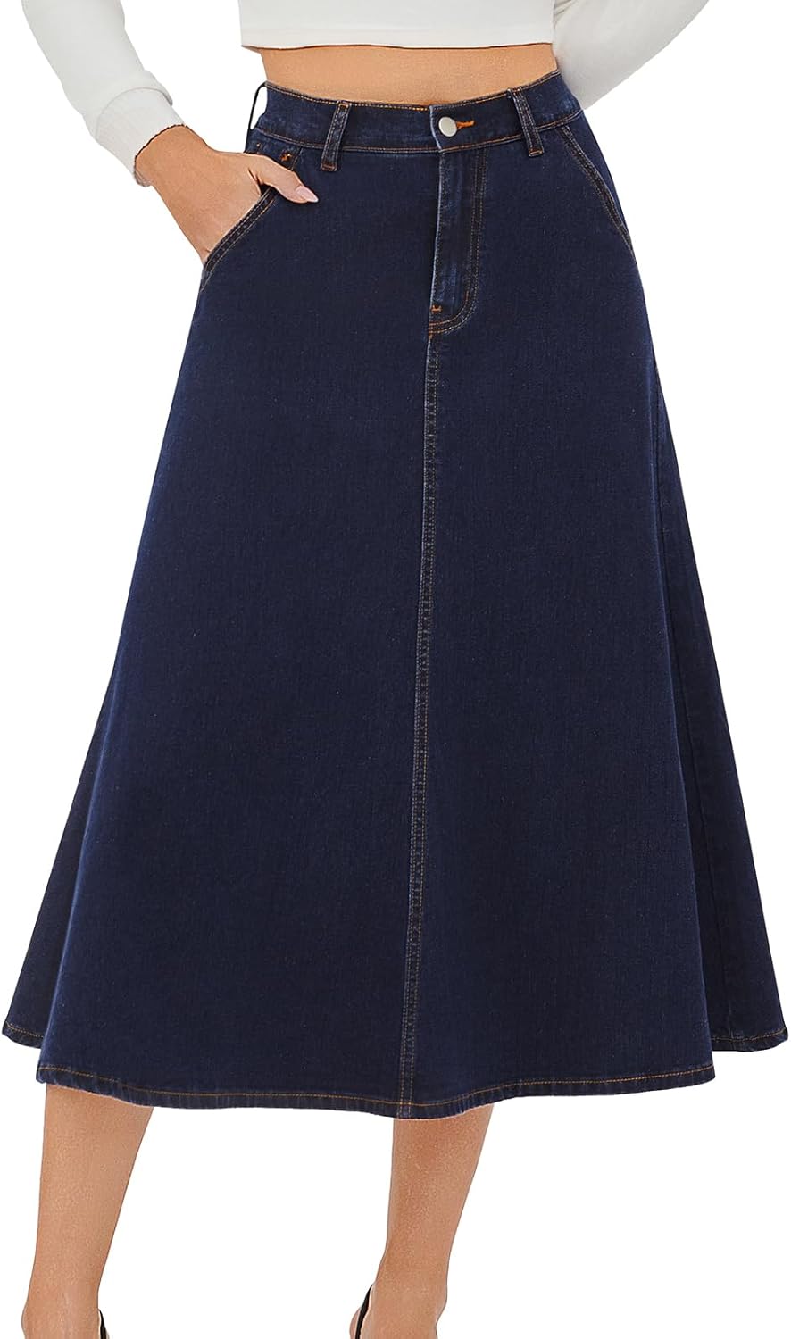 HUSKARY Women's Stretchy High Waisted A Line Maxi Jean Skirt